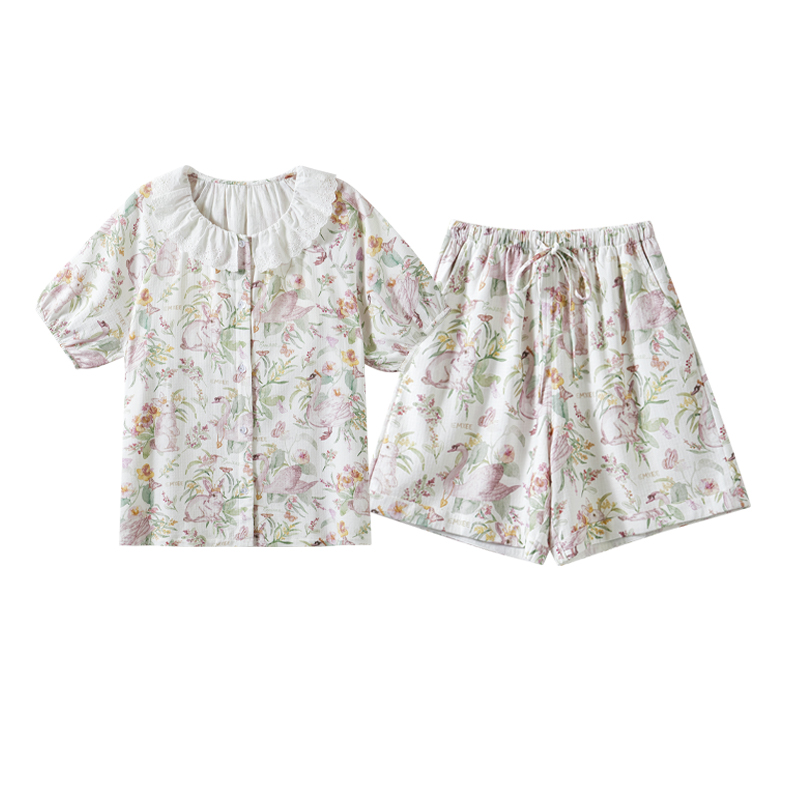嫚熙夏季彈力絲麻棉女士睡衣自帶胸墊款短袖家居服套裝2025新款