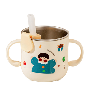 316不锈钢儿童水杯宝宝1到3岁敞口双柄学饮吸管杯防摔喝水牛奶杯