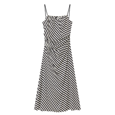 COVERINS2024年夏季黑白条纹重磅桑蚕丝真丝吊带连衣裙女长款