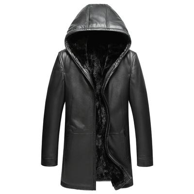 可脱卸水貂连帽中长款真皮皮衣