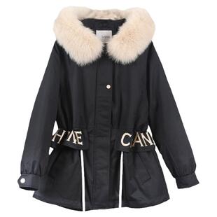 2024正鸭宝宝羽绒服专柜款女清仓冬季中长款狐狸毛连帽韩版派克服