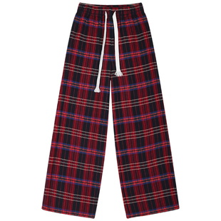 落落狷介 红色格子毛呢阔腿裤秋冬女2025年新款设计感松紧腰裤子