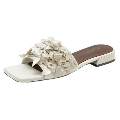 哈森时装外穿一字拖鞋夏款低跟优雅时尚蝴蝶结女鞋HWM250135