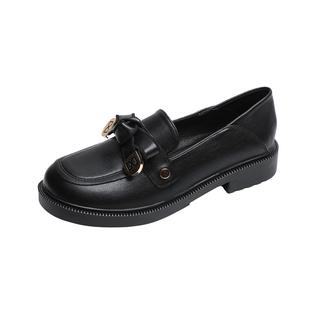 羊皮版~法式厚底黑色小皮鞋女英伦秋冬乐福鞋平底加绒面试工作鞋