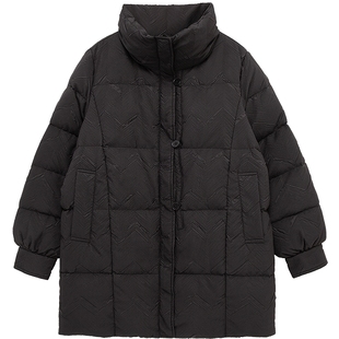布景羽绒服女中长款冬季新品简约宽松白鸭绒保暖黑色外套厚款1475