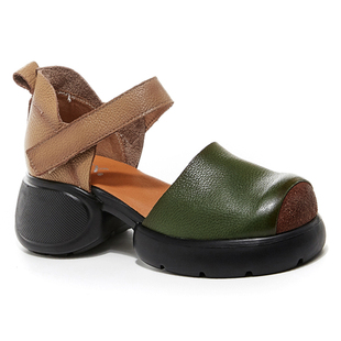 粗跟方头拼色休闲包头包跟女士凉鞋2026新款夏季真皮高跟罗马鞋子