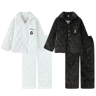 情侣睡衣女款冬季三层夹棉加厚保暖珊瑚绒格子男士家居服套装冬天