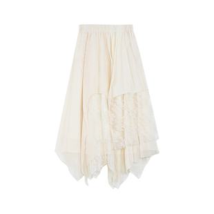 pusumede 落日山谷 法式不规则半身裙女蕾丝拼接中长裙高腰a字裙