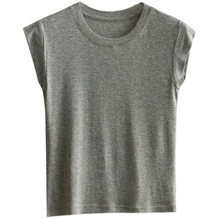 天丝莱赛尔羊毛 女士小飞袖背心宽肩针织圆领T恤百搭上衣夏款女装