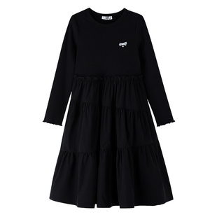 安奈儿童装女童长袖连衣裙2026春新款校园风黑色时尚A字中长裙子