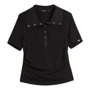 ELLE黑色彩点收腰短袖女2025夏季新款设计感时髦翻领小众上衣T恤
