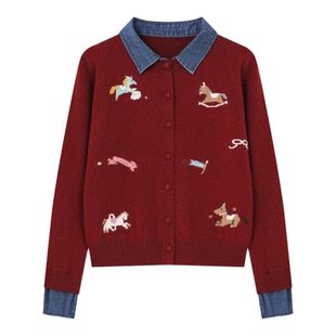 Basic House/百家好拼接牛仔领假两件针织衫木马刺绣宽松显瘦开衫