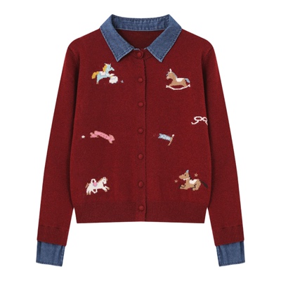 Basic House/百家好拼接牛仔领假两件针织衫木马刺绣宽松显瘦开衫