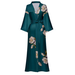 中国风睡袍大码冰丝缎面新娘晨袍夏加长款汉服浴袍女仿真丝美容院