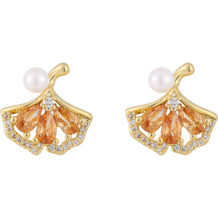 金色锆石银杏叶珍珠耳环女精致小巧耳饰品小众设计感耳钉睡觉免摘