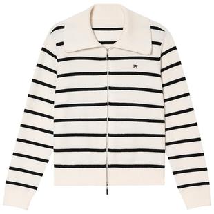 诗篇专选复古双拉链条纹针织开衫翻领毛衣外套2025冬款