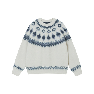 FORNINES费尔岛白色提花毛衣男女潮牌情侣装针织衫秋冬加厚毛线衣