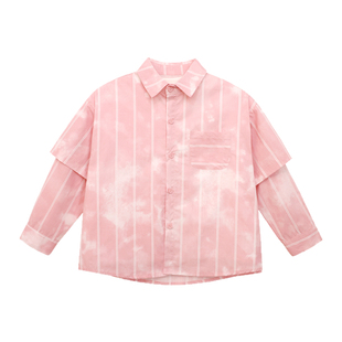 派町童装男童衬衫儿童纯棉上衣2026春新款粉色条纹两件套衬衣洋气