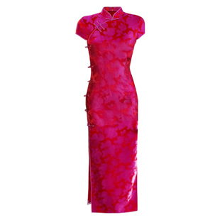 真丝提花缎气质风高级感旗袍立领短袖长款高开叉妈妈中式婚礼服夏