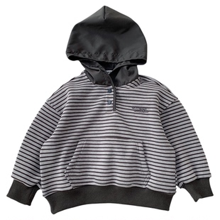 男童一体绒连帽卫衣秋冬装儿童条纹休闲上衣中小童纯棉柔软套头衫