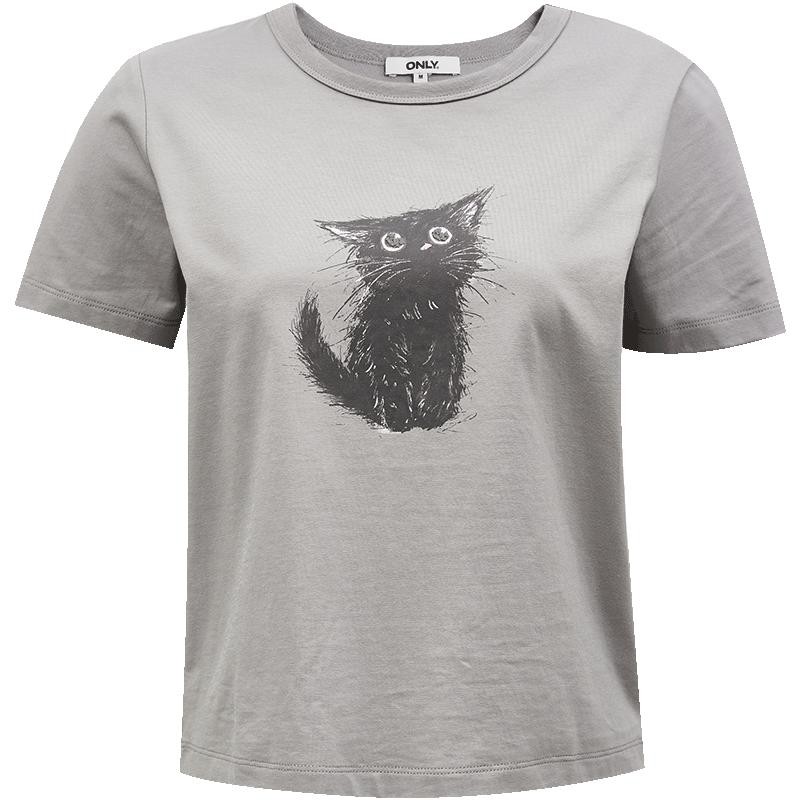 ONLY2025秋冬新款可爱小猫印花纯棉透气多巴胺圆领短袖正肩T恤女