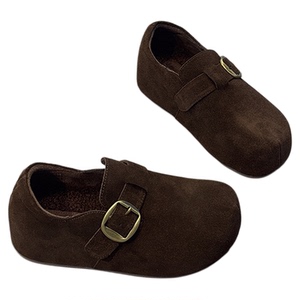 真皮内增高加绒勃肯鞋女2025秋冬款丑萌圆头皮带扣魔术贴乐福单鞋