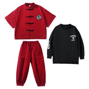 中国风儿童演出服红色中秋国庆街舞嘻哈风套装表演服装男女童唐装