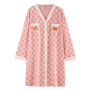 家乐芬睡裙女士睡衣春秋款秋季长袖纯棉薄款开衫长款衬衫大码休闲