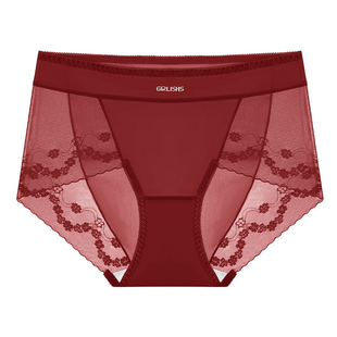 超薄透气绸缎面蕾丝内裤女200斤加长裆性感纯欲本命年红色新娘裤