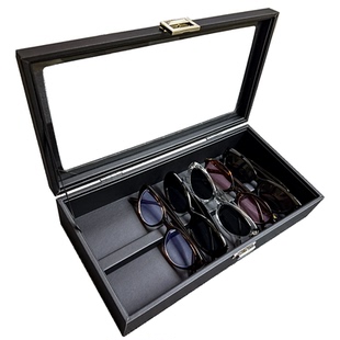 大容量眼镜盒高级黑色PU皮绒布墨镜盒透明玻璃太阳眼镜展示放置架