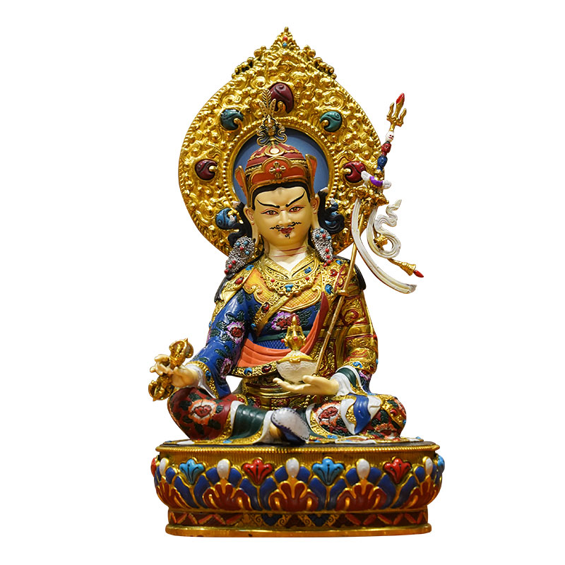 藏式鎏金彩绘莲花生大师铜像摆件
