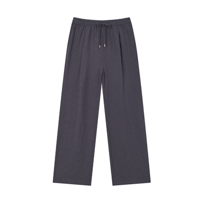 有兰深灰高腰汉麻褶裥休闲裤