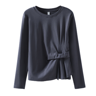 纯棉圆领长袖t恤女春装2026新款抽褶收腰上衣正肩百搭内搭打底衫