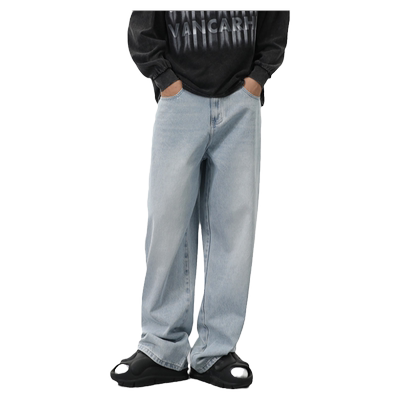 JFU 美式高街阔腿牛仔裤男款秋冬款宽松直筒长裤子男百搭韩版潮