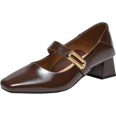 百思图春季新款方头粗跟玛丽珍鞋