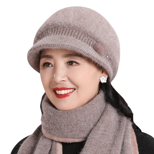 恒源祥中老年人帽子女冬季老太太保暖加绒妈妈老人奶奶兔毛毛线帽