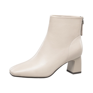 康奈女鞋2025冬季新款百搭羊皮短靴子通勤优雅时装女靴白色马丁靴