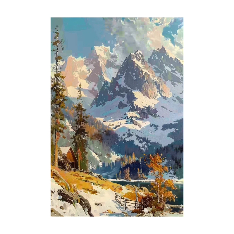 白鹿艺术手绘油画雪山秋意风景画