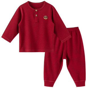 木生棉宝宝新年分体套装秋冬季婴儿弹力上衣裤子红色喜庆周岁衣服