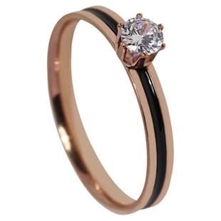 个性单钻黑边钛钢戒指细镀18K玫瑰金尾戒时尚气质女食指指环戒子