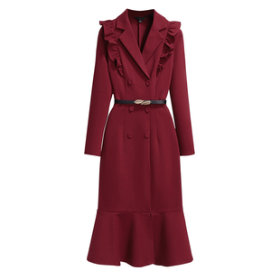 正式场合酒红色礼服连衣裙女秋冬高端奢华职业女神范显瘦鱼尾裙子