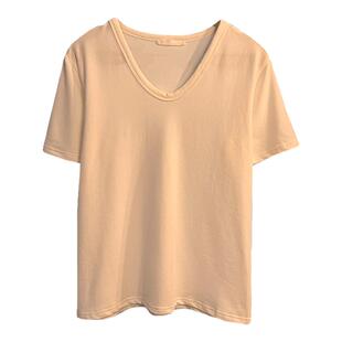 姜黄色V领短袖t恤女2026新款春夏穿搭大领口正肩宽松独特漂亮上衣