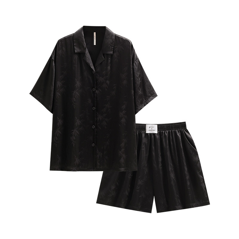 悦内情侣睡衣女夏季夏款冰丝短袖短裤丝绸家居服男夏天黑色高级感