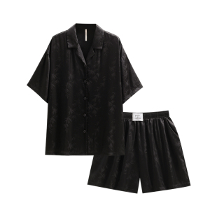 悦内情侣睡衣女夏季夏款冰丝短袖短裤丝绸家居服男夏天黑色高级感