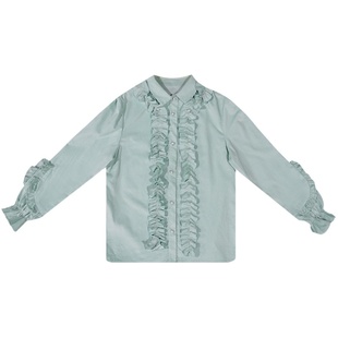 daytoday日常研究所灯芯绒百搭复古可爱粉白绿黑木耳花边长袖衬衫