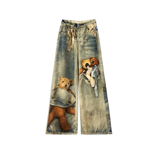 彩色数码印花设计休闲牛仔裤女春新款高腰宽松显瘦百搭直筒阔腿裤