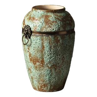 景德镇做旧复古陶罐花瓶插花干花仿古花盆三件套铁虎头环客厅摆件