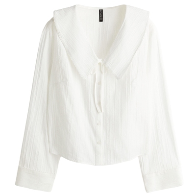 HM女装衬衫冬季娃娃领V领宽松长袖褶皱衬衣上衣1308945