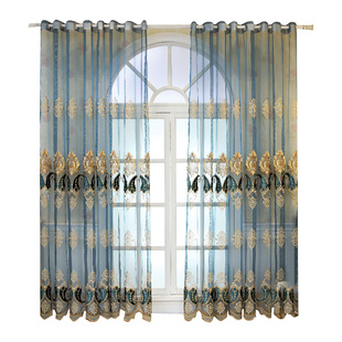 欧式高档刺绣绣花窗纱客厅阳台奢华遮光蓝色纱帘卧室大气防晒遮阳