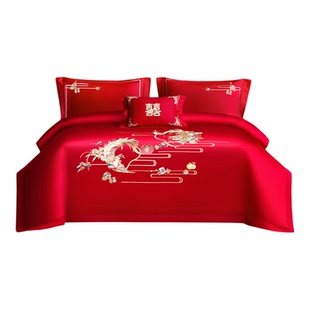 远梦婚庆四件套全棉60支高密刺绣床单式纯棉被套新中式结婚庆用品